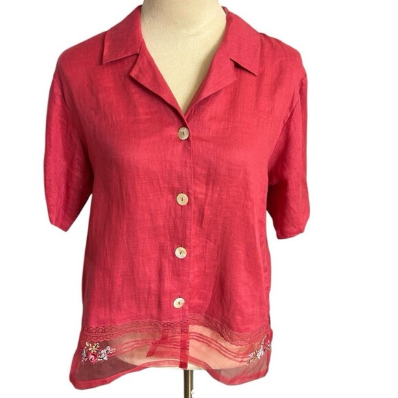 David Dart Collection Linen Embroidered Lace Button Down Short Sleeves Blouse S - Picture 1 of 11